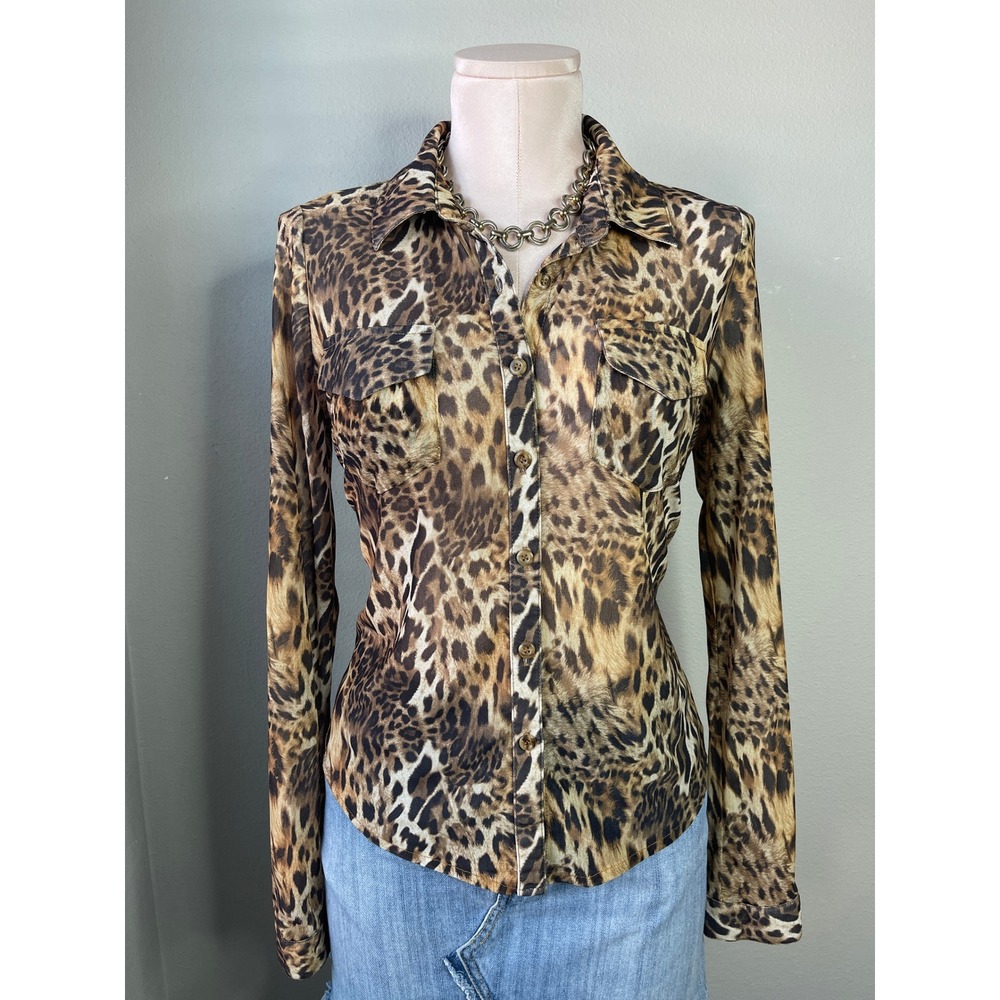 Hot & Delicious Button Down Shirt Brown Leopard Mesh Long Sleeve Top S